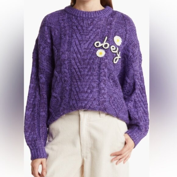 OBEY Flora Chunky Knit Sweater in Purple Small - Picture 3 of 15